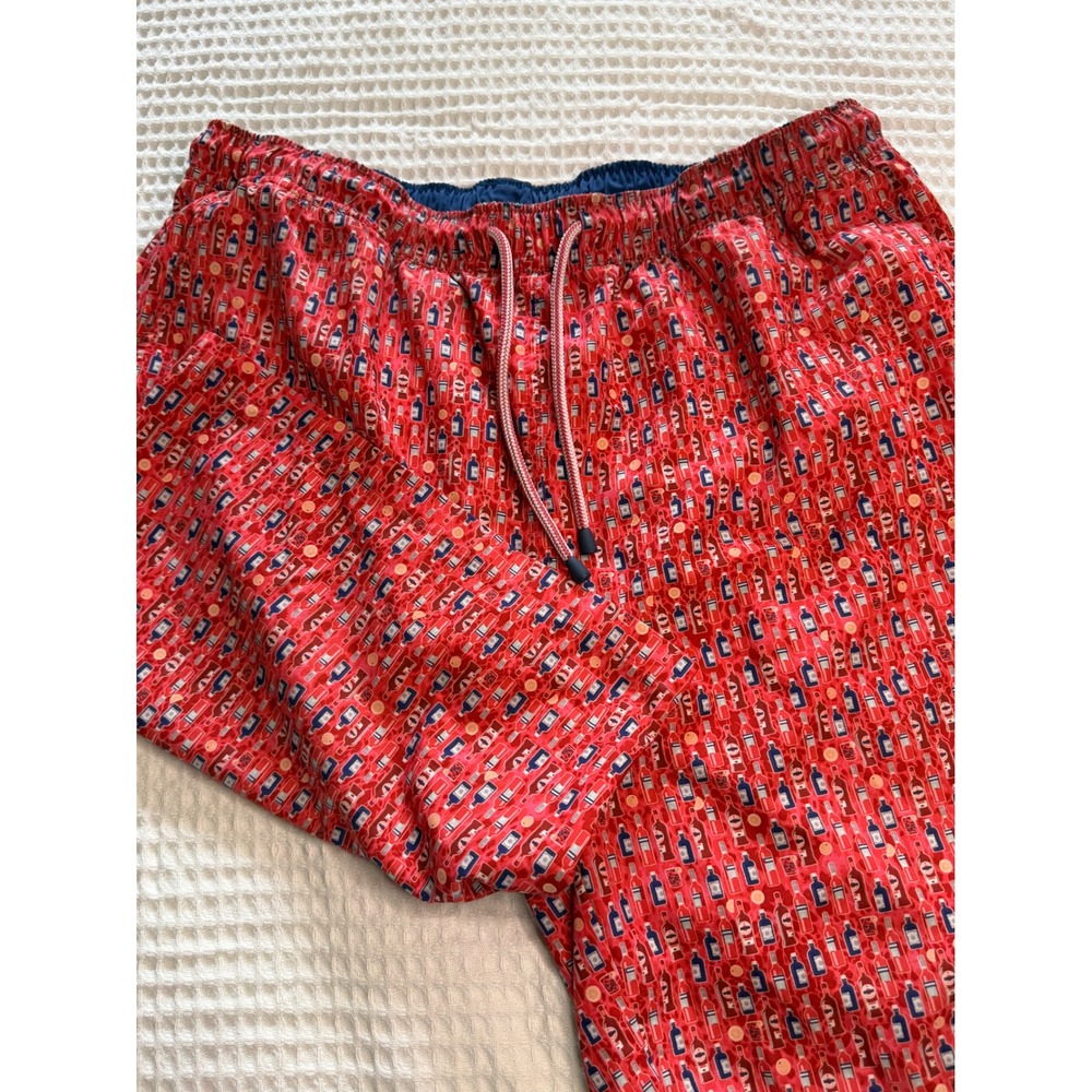 Peter Millar Swim Trunks Mens L Red Liquor Bottle Print Mesh Lined Board Shorts
